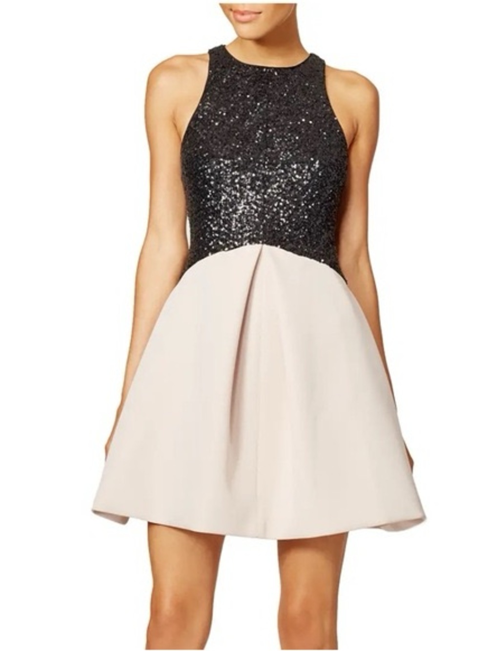 NWT halston heritage black sequence cream,fit & flare mini dress with pockets